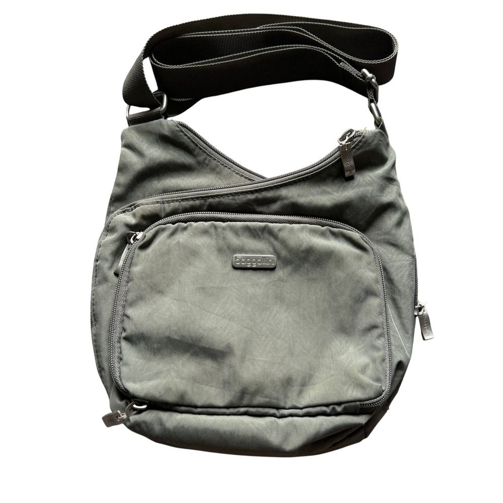 Baggallini Crossbody Bag Warm Gray Nylon Travel Purse Yellow Lining Multi-Pocket